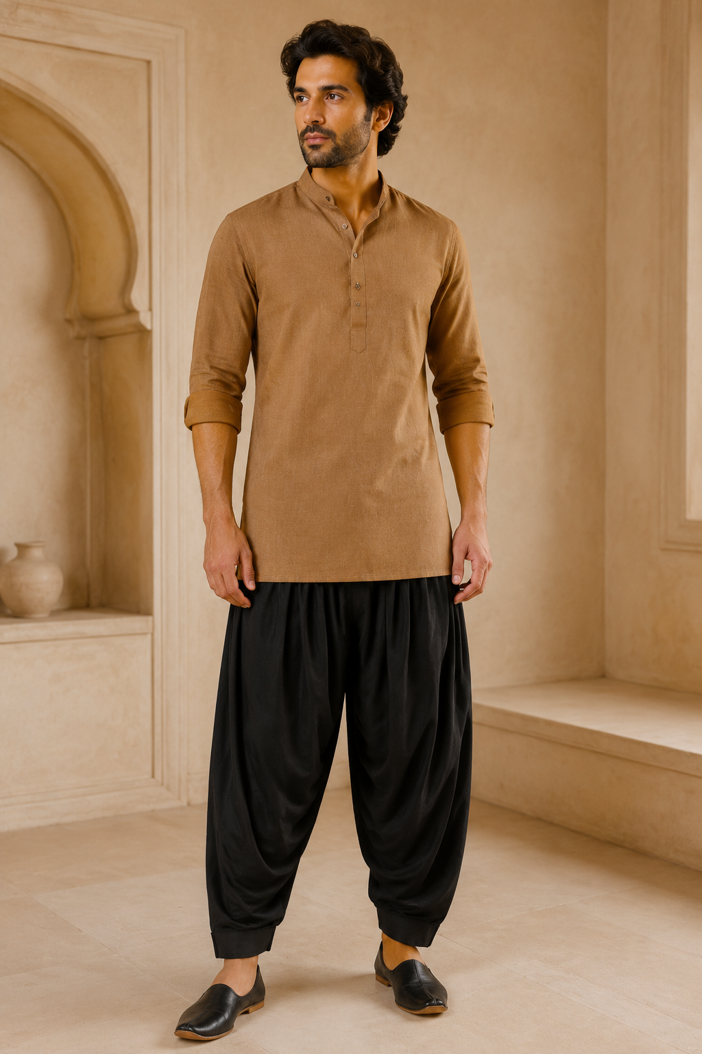 Men's black Patiala pants styled with camel kurta – front view