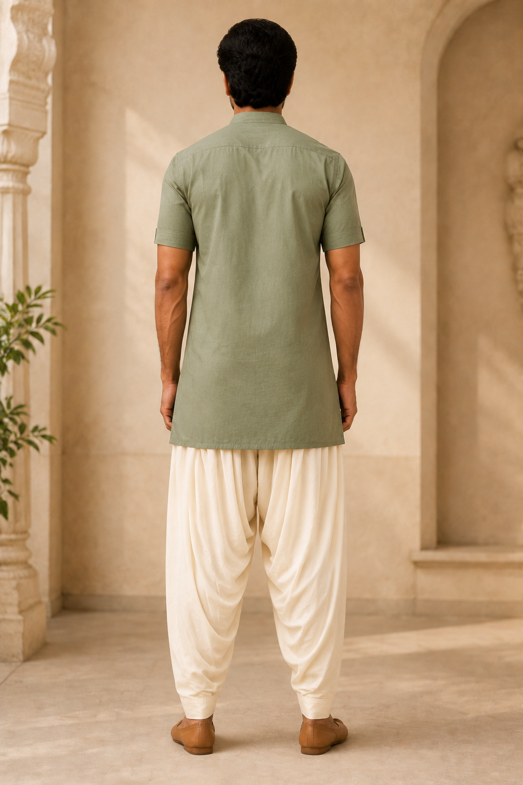 Men's cream Patiala pants styled with sage green kurta – back view