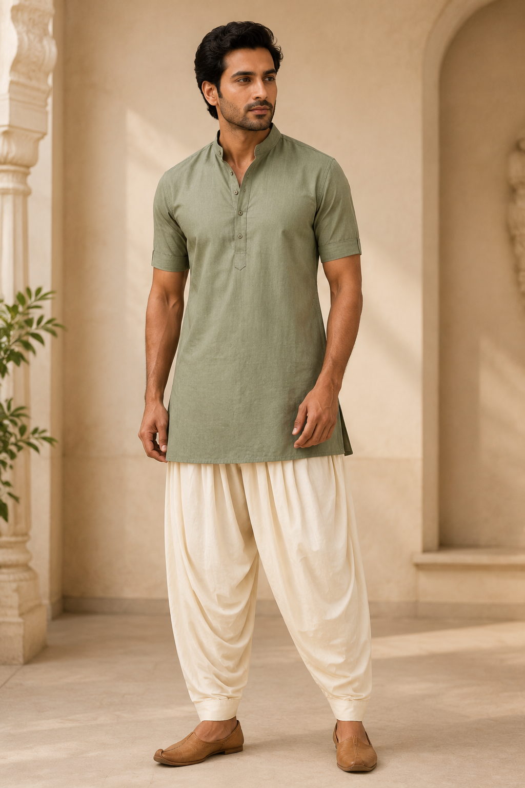 Men's cream Patiala pants styled with sage green kurta – front view