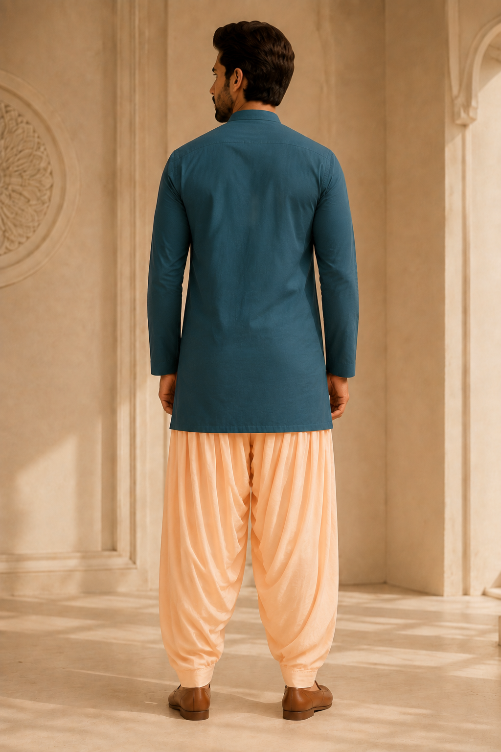 Men's peach pink Patiala pants styled with deep teal kurta – back view
