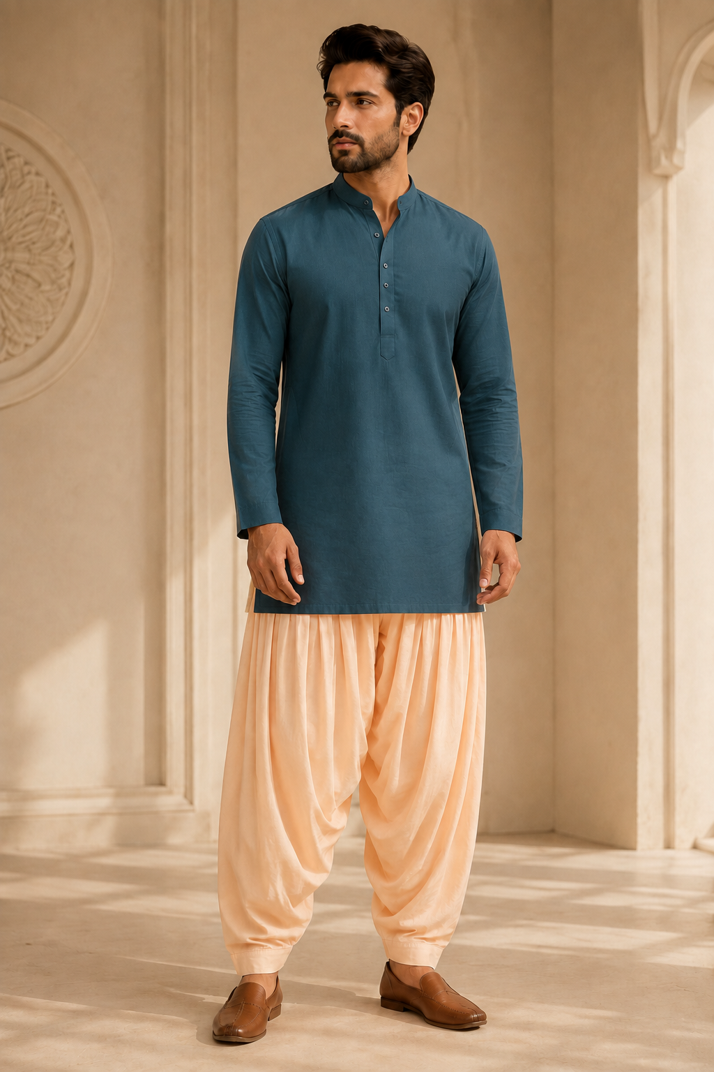 Men's peach pink Patiala pants styled with deep teal kurta – front view