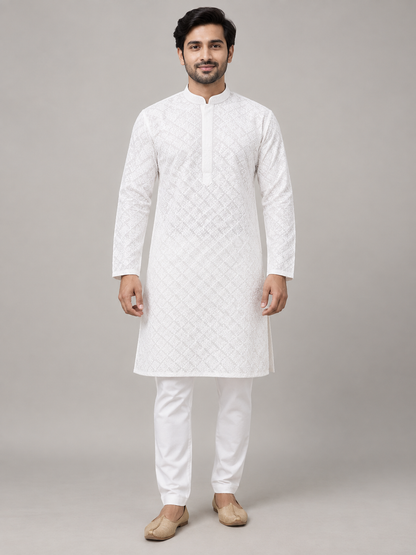 White chikan embroidered heavy rayon men's kurta on a model — AI-assisted styling visual