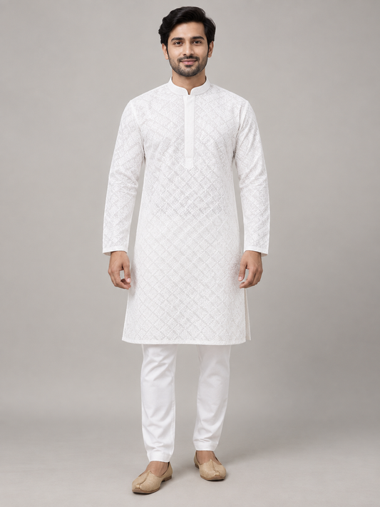 White chikan embroidered heavy rayon men's kurta on a model — AI-assisted styling visual