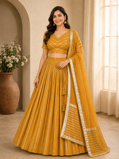 Mustard Yellow lehenga choli set with dupatta – front view