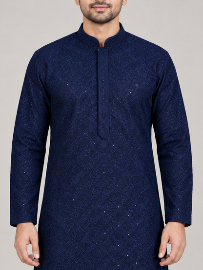 Navy Blue men's chikan kurta — collar and embroidery close-up on model — AI-assisted styling visual