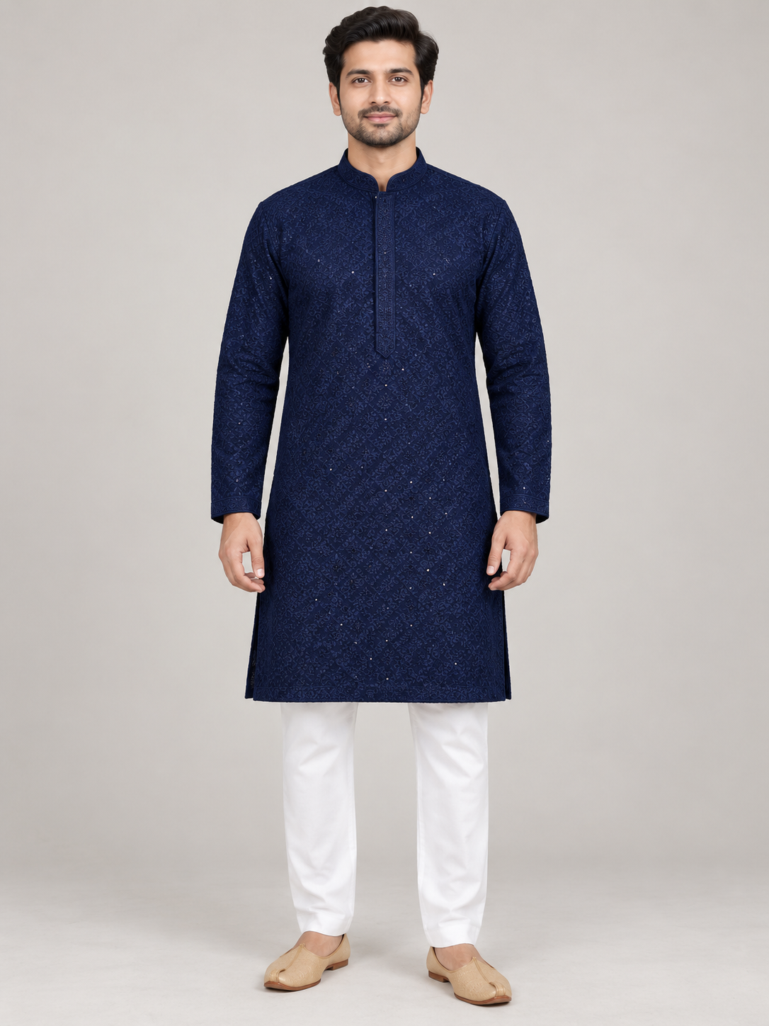 Navy Blue chikan embroidered kurta on model — AI-assisted styling visual