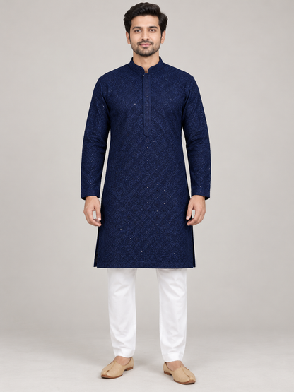Navy Blue chikan embroidered kurta on model — AI-assisted styling visual