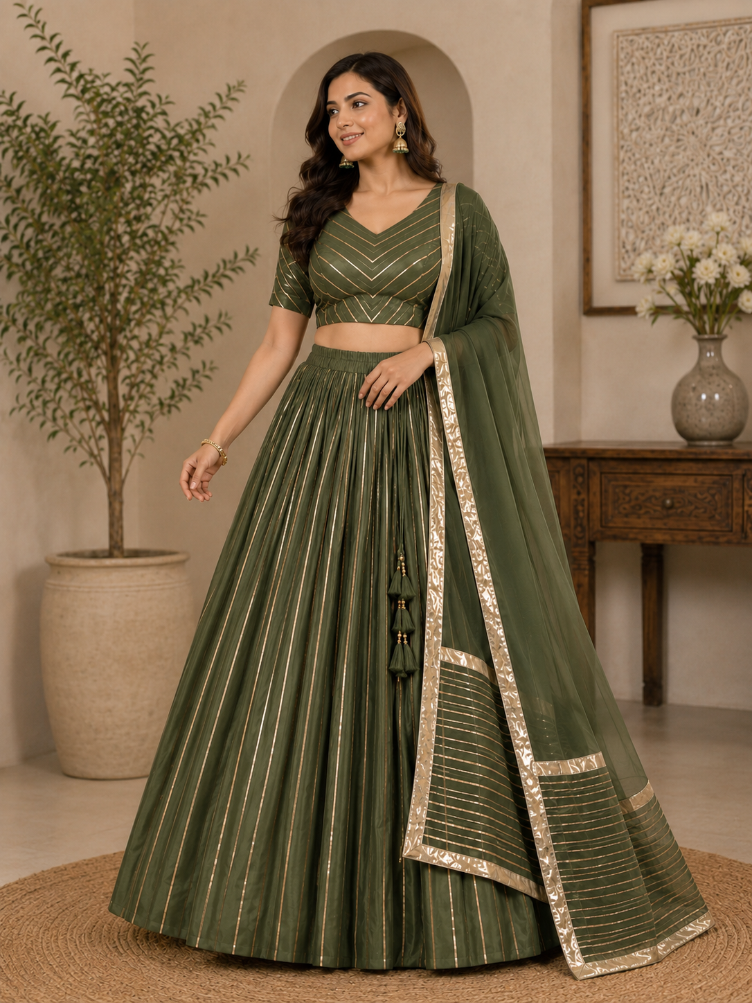 Olive Green lehenga choli set with dupatta – front view