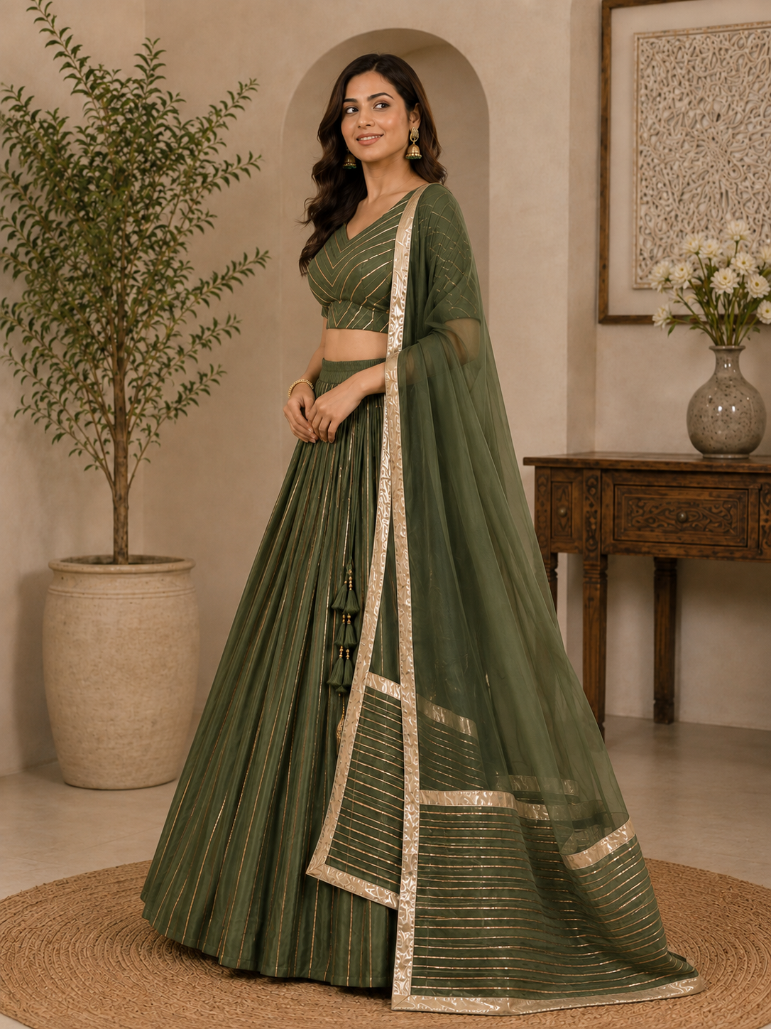 Olive Green lehenga choli set – side view