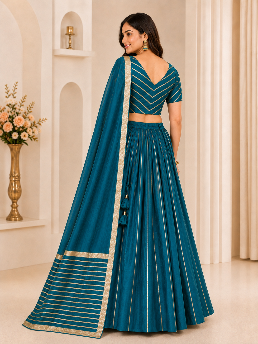 Teal blue lehenga choli set – back view