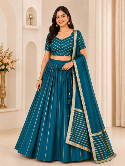 Teal blue lehenga choli set with dupatta – front view