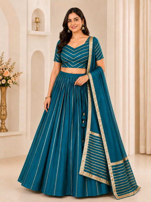 Teal blue lehenga choli set with dupatta – front view