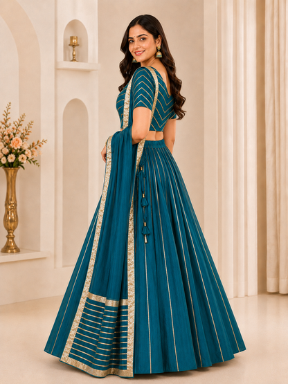 Teal blue lehenga choli set – side view