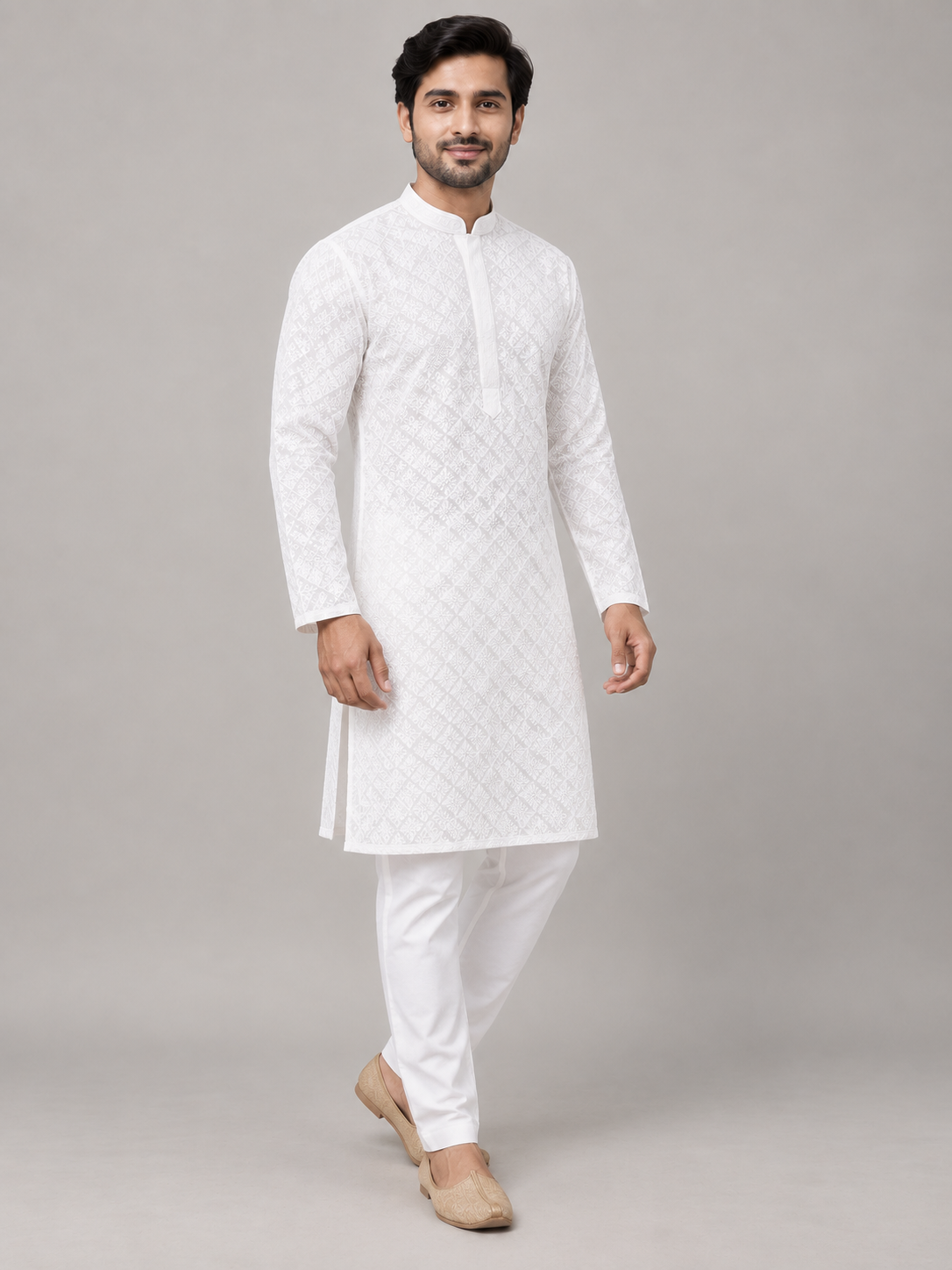 White men's chikan kurta — three-quarter model view — AI-assisted styling visual