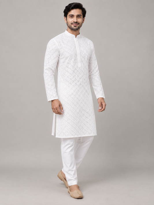 White men's chikan kurta — three-quarter model view — AI-assisted styling visual