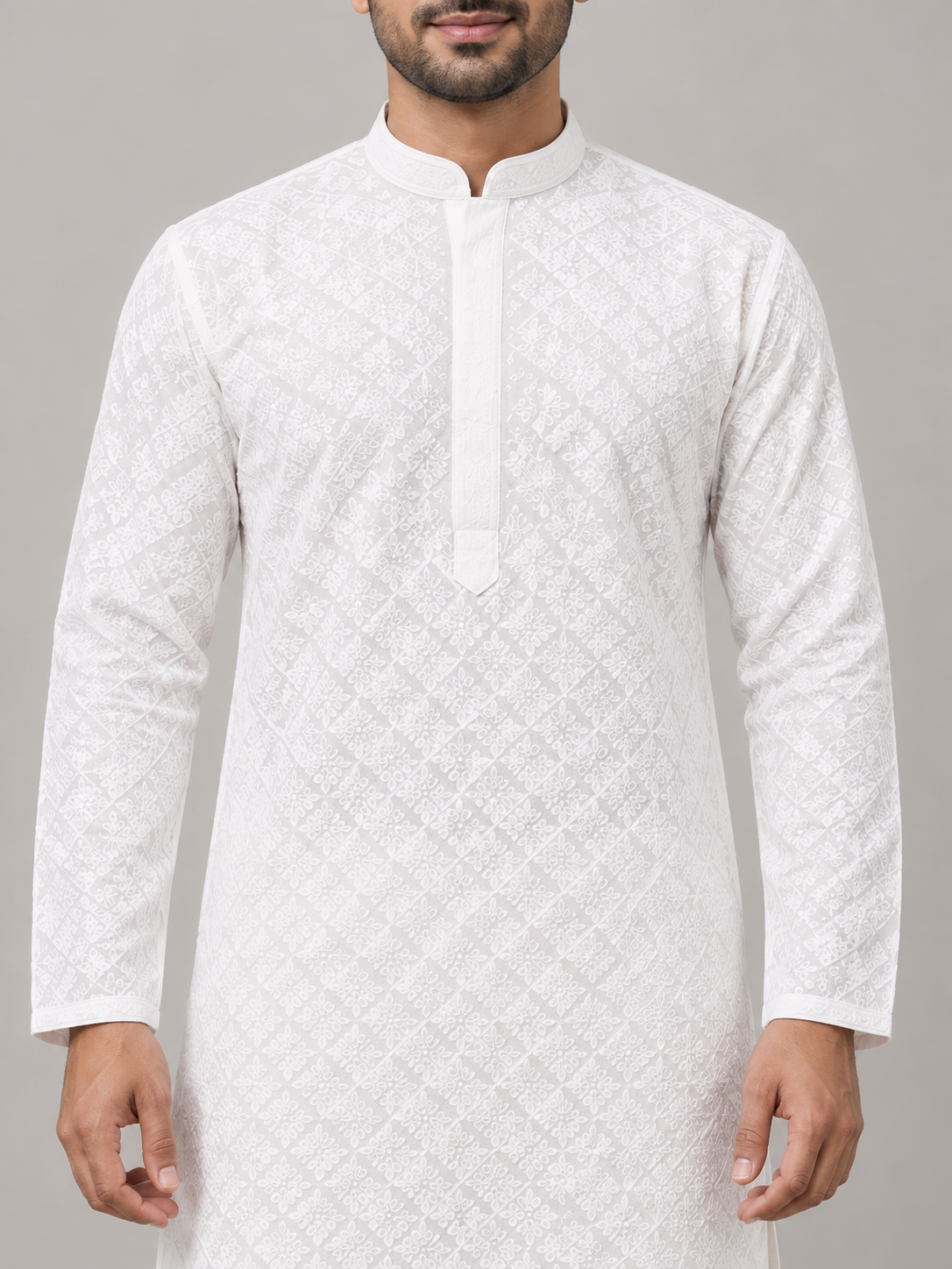 White men's chikan kurta — collar and embroidery close-up on model — AI-assisted styling visual