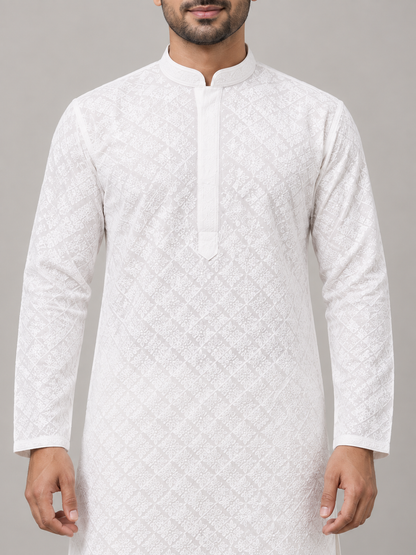 White men's chikan kurta — collar and embroidery close-up on model — AI-assisted styling visual