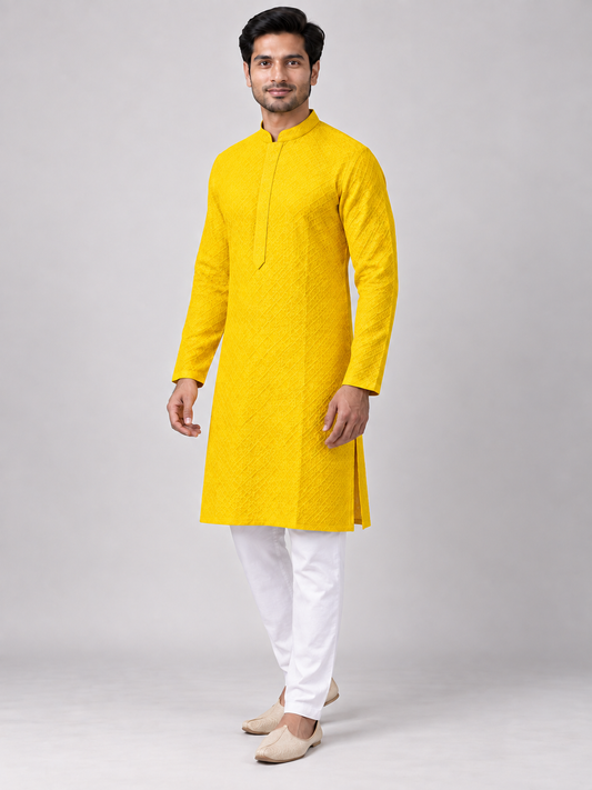 Yellow men's chikan kurta — three-quarter model view — AI-assisted styling visual