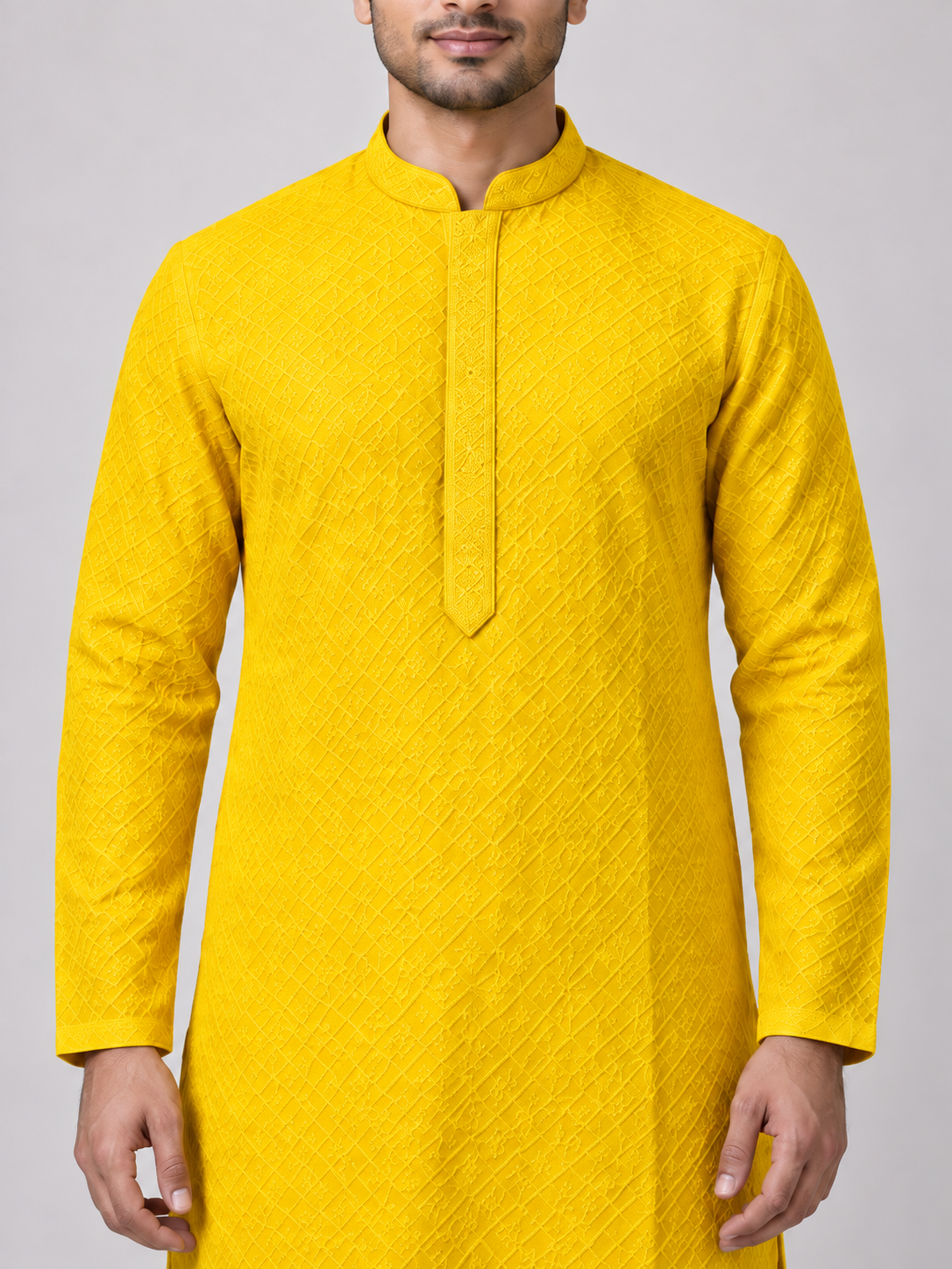 Yellow men's chikan kurta — collar and embroidery close-up on model — AI-assisted styling visual