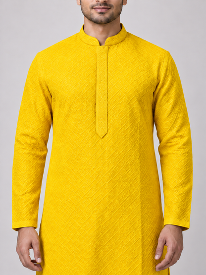 Yellow men's chikan kurta — collar and embroidery close-up on model — AI-assisted styling visual