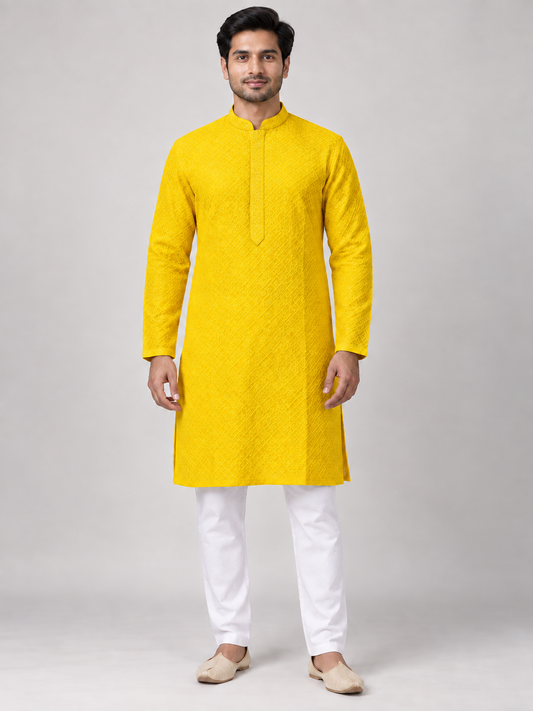 Yellow chikan embroidered kurta on model — AI-assisted styling visual