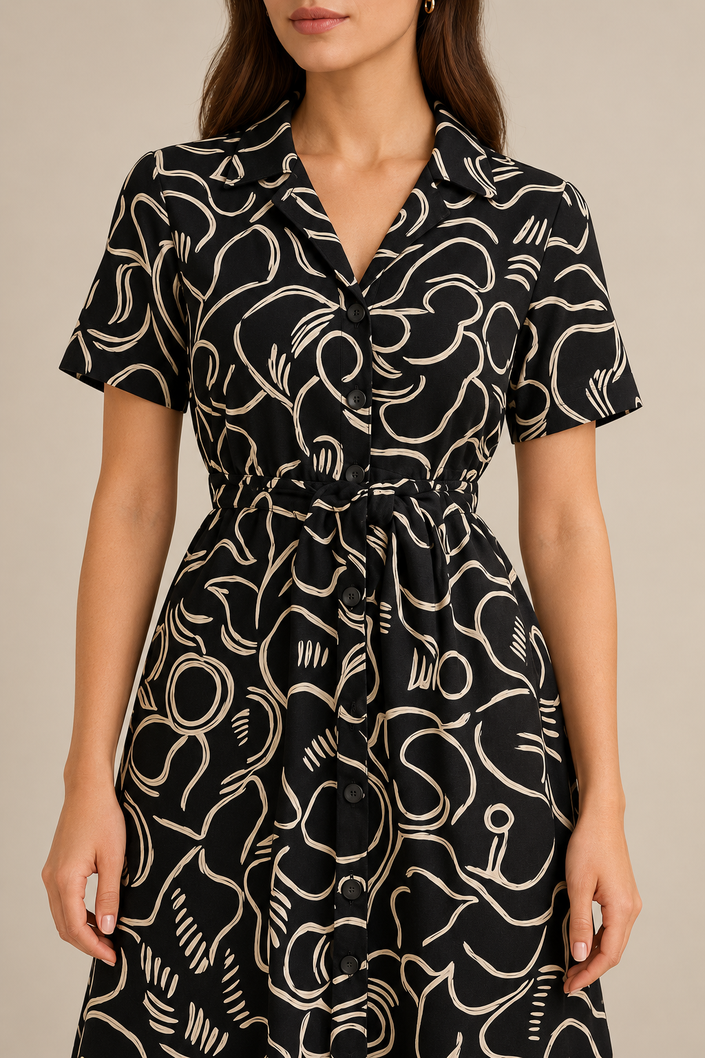 Noir Wave black and cream printed midi dress collar, buttons and waist-tie detail
