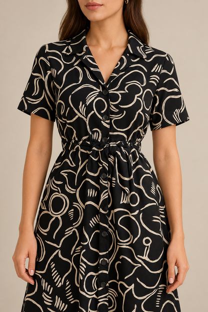 Noir Wave black and cream printed midi dress collar, buttons and waist-tie detail