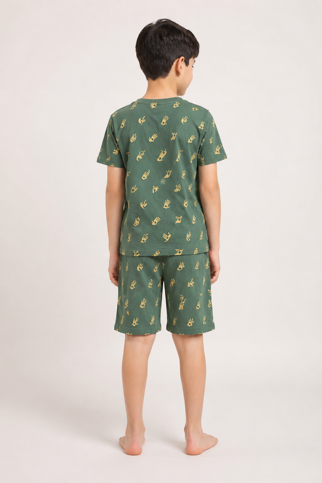 Boys olive green hand-sign print short night suit back view