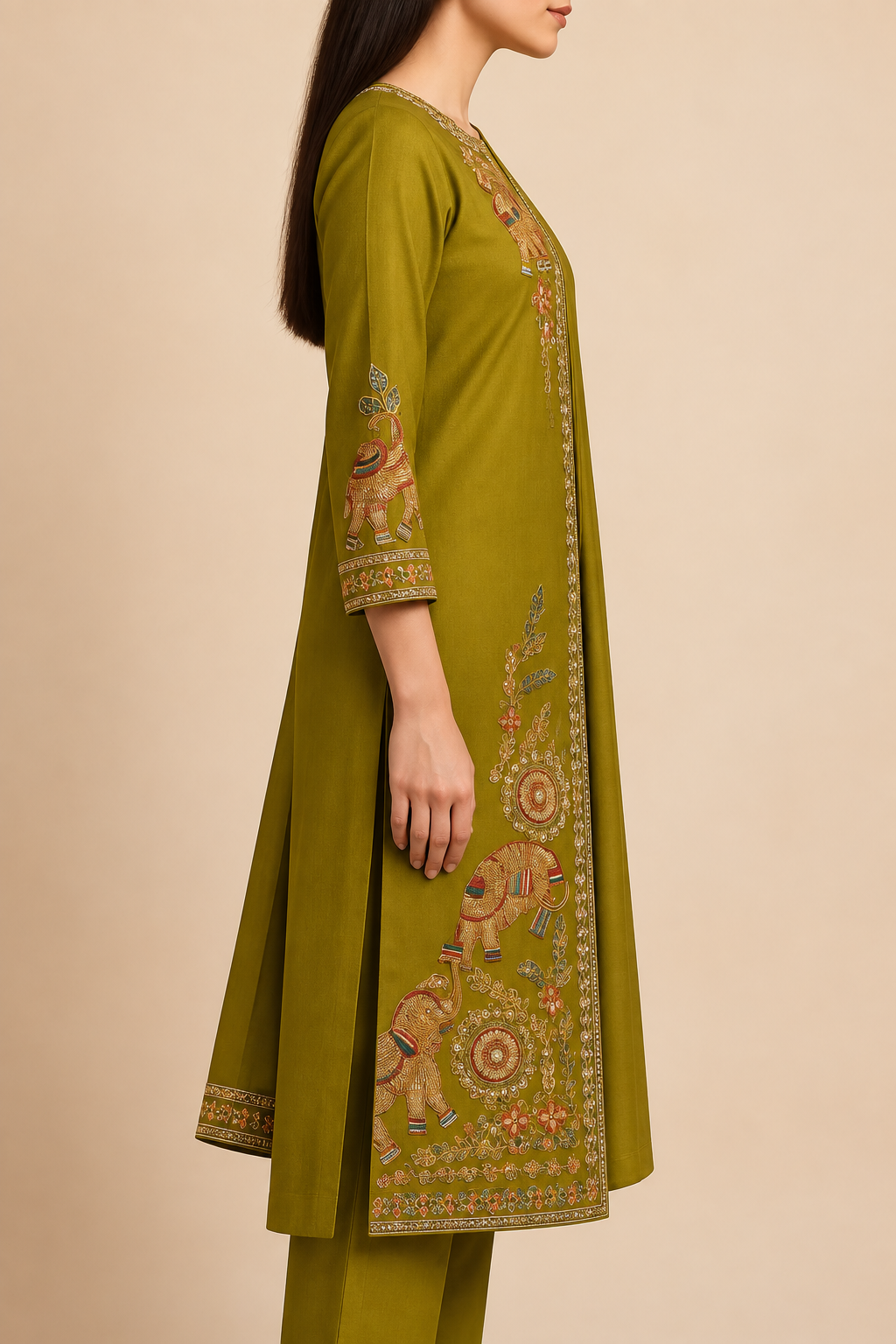 Olive green kurta elephant embroidery, sleeve cuff and bordered dupatta – side detail