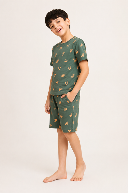 Boys olive green hand-sign print short night suit alternate view