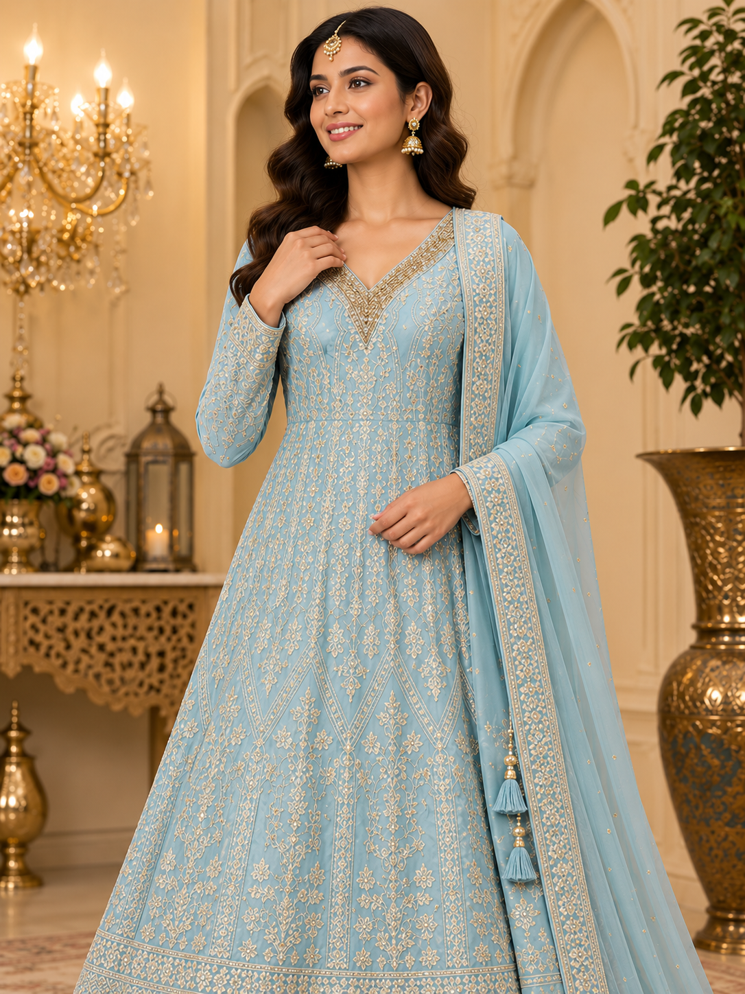 Pastel blue embroidered Anarkali suit set, embroidery detail