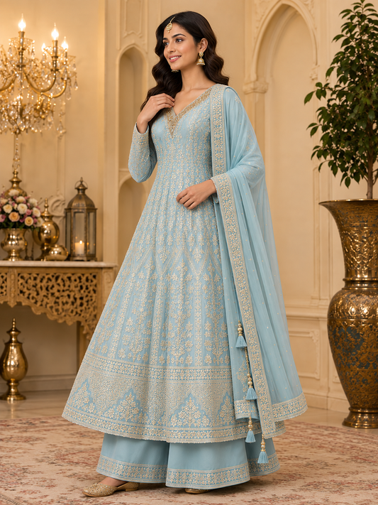 Pastel blue embroidered Anarkali suit set, three-quarter view
