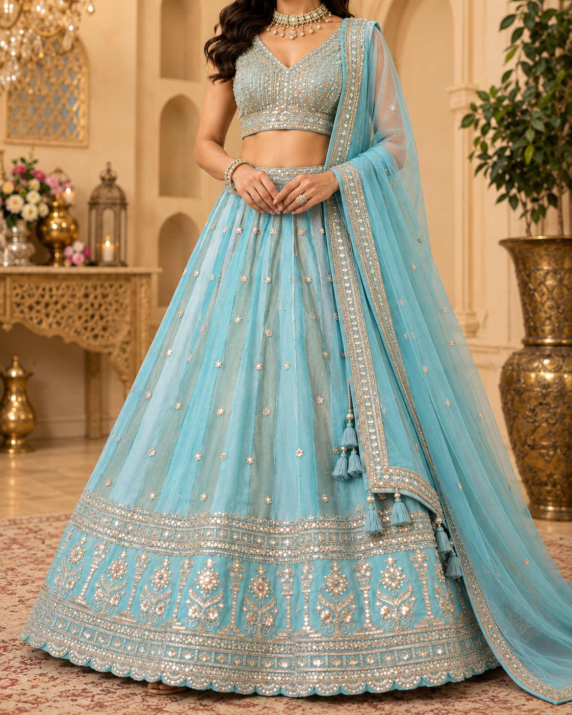 Pastel blue zari lehenga choli – embroidery and border detail