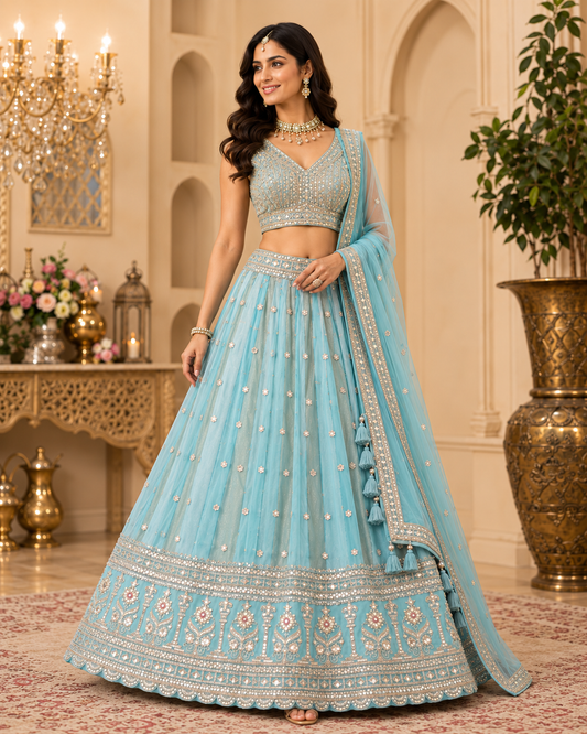 Pastel blue zari lehenga choli set – three-quarter view