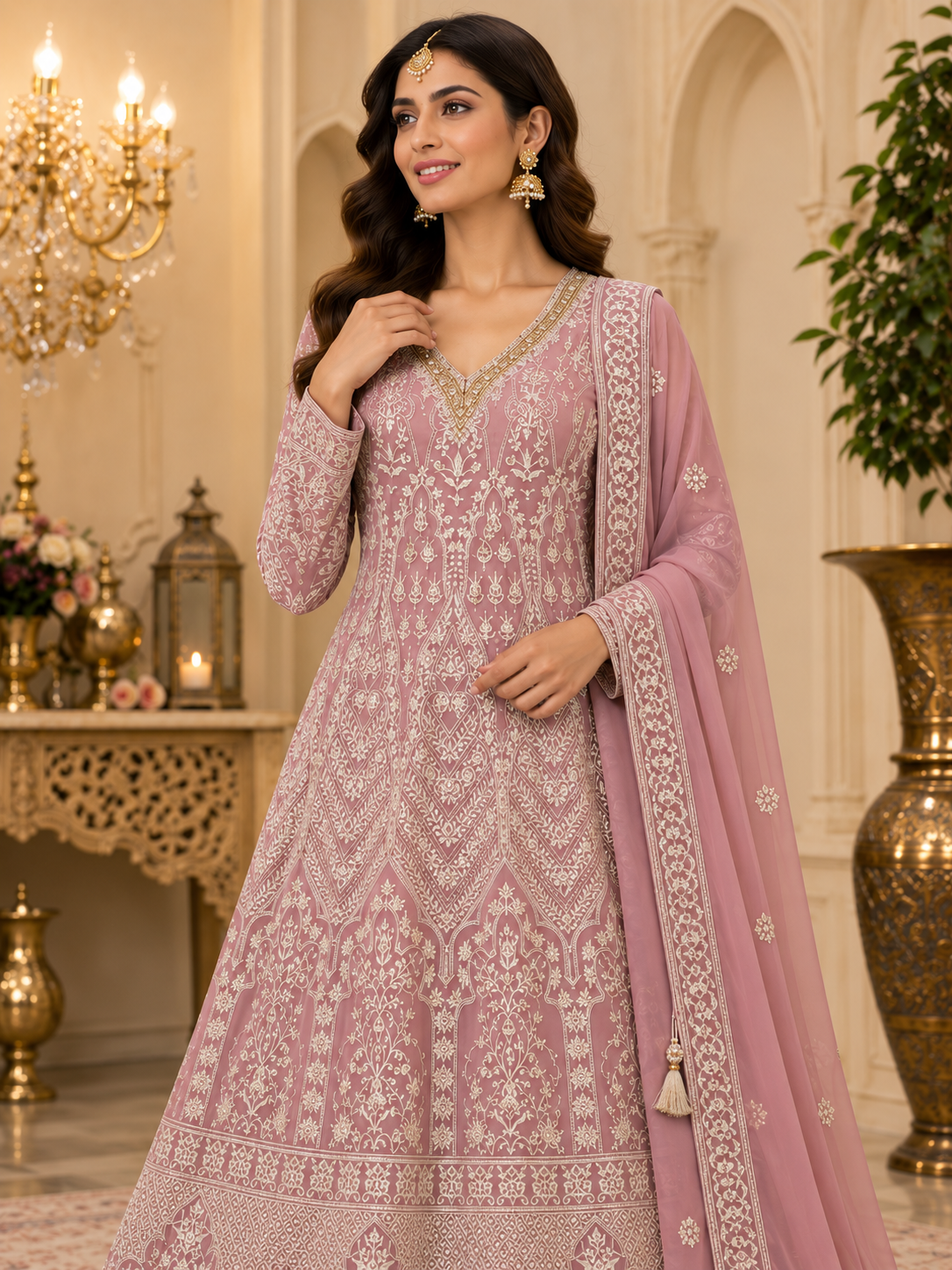 Pastel pink embroidered Anarkali suit set, embroidery detail