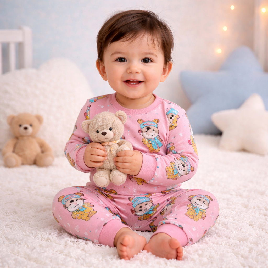Pastel Pink winter bear print baby lounge set front view