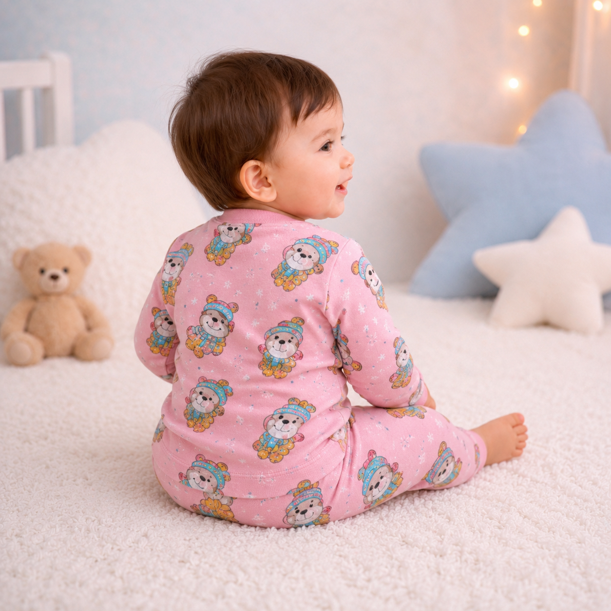 Pastel Pink winter bear print baby lounge set rear view