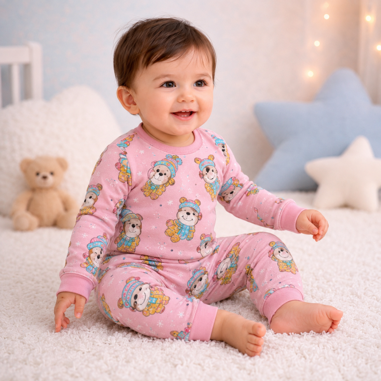 Pastel Pink winter bear print baby lounge set side view