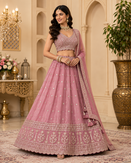 Pastel pink zari lehenga choli set – three-quarter view