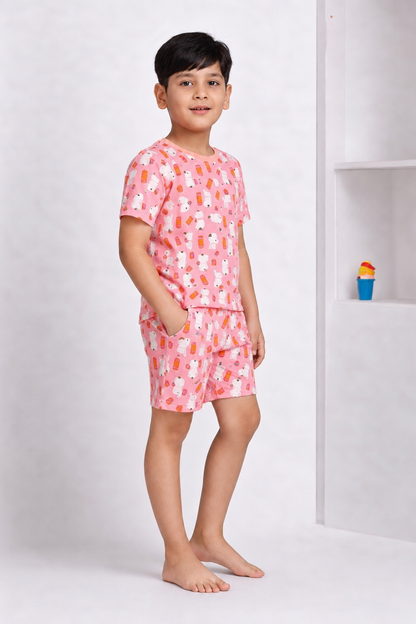 Boys pastel pink bear print short night suit alternate view