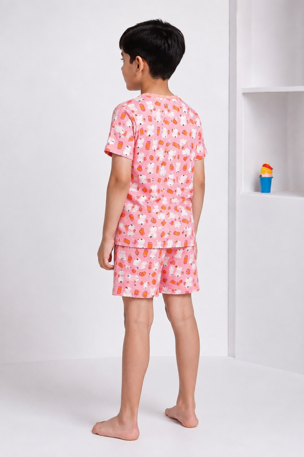 Boys pastel pink bear print short night suit back view
