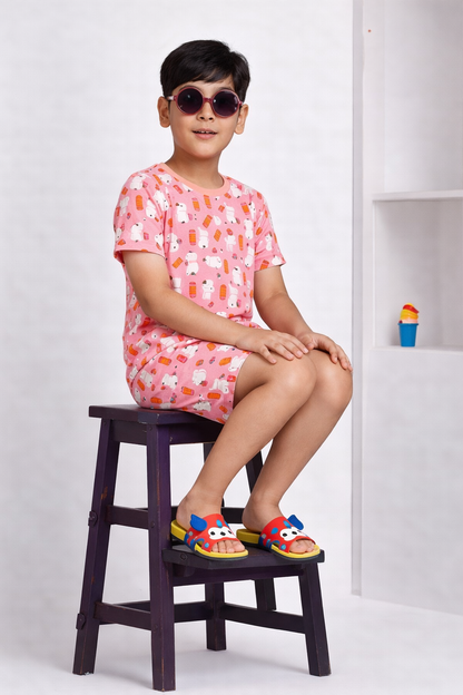 Boys pastel pink bear print short night suit front view