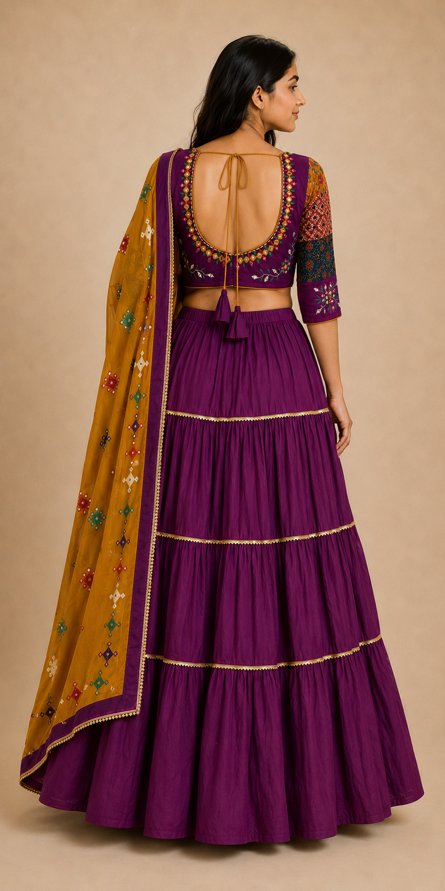 Plum and mustard patchwork mirror work Chaniya Choli back view