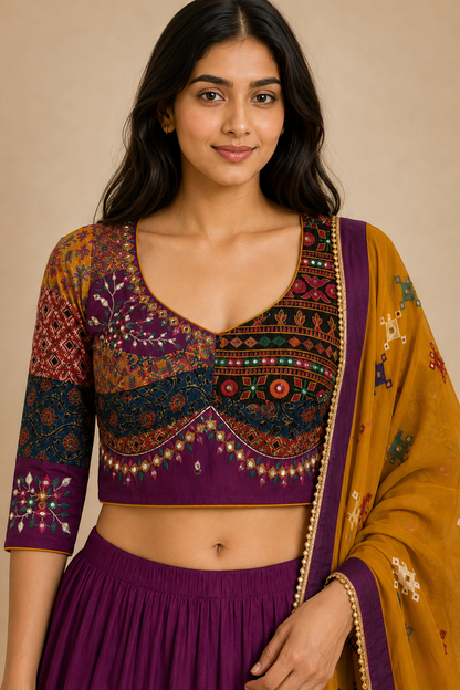Close view of patchwork blouse and mirror embroidery