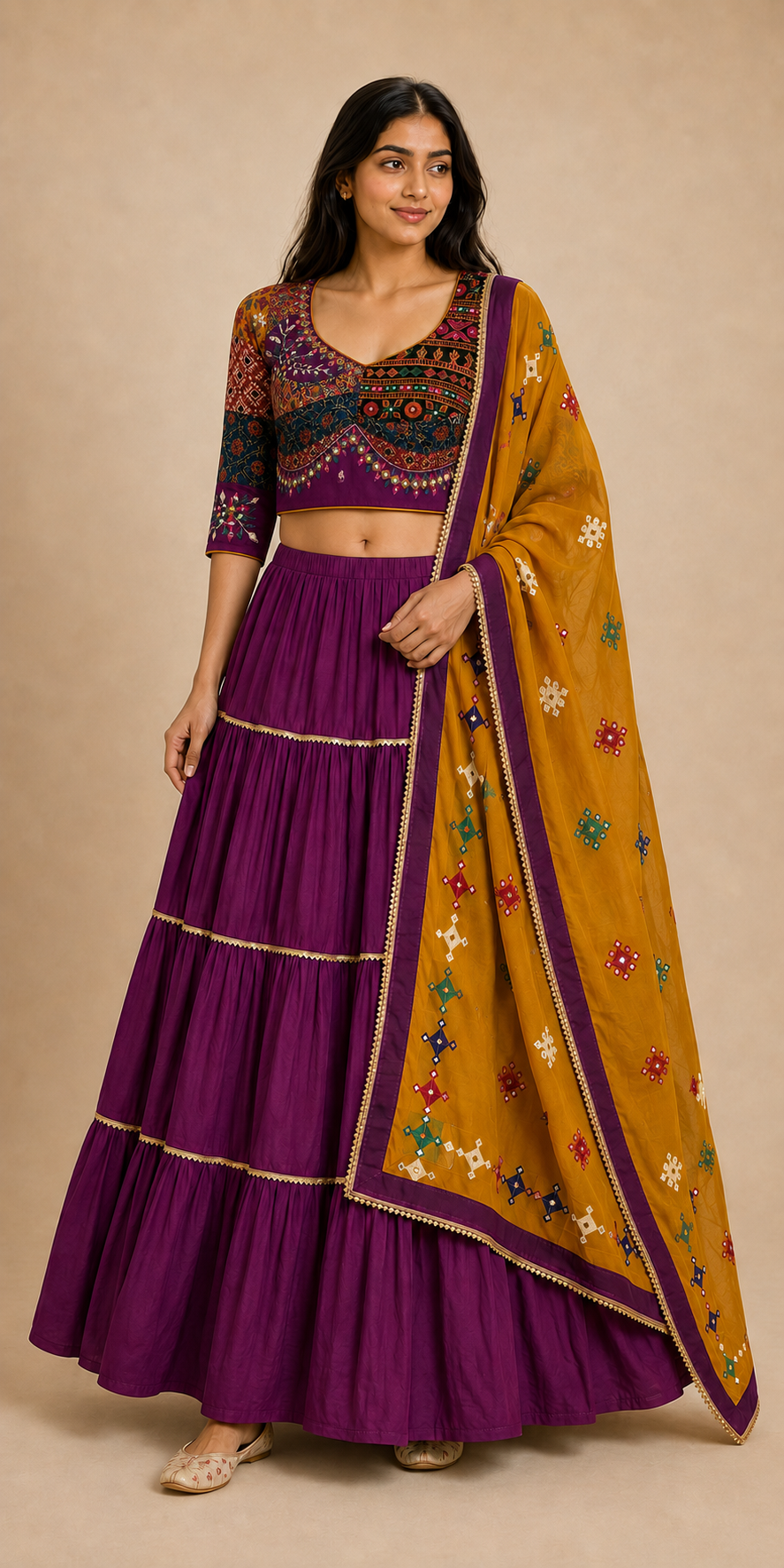 Plum and mustard patchwork mirror work Chaniya Choli front view