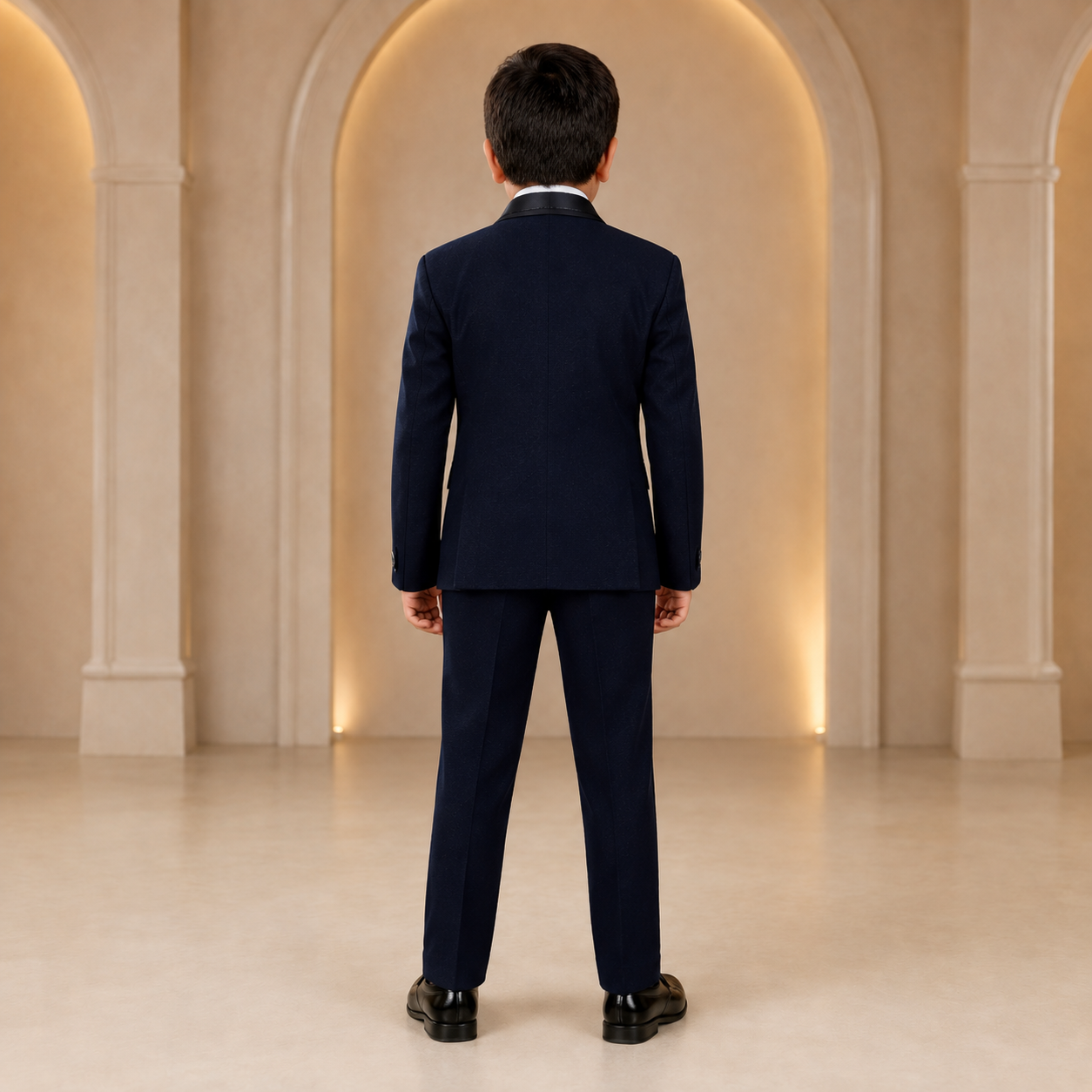 Boys navy blue five-piece formal suit – back view