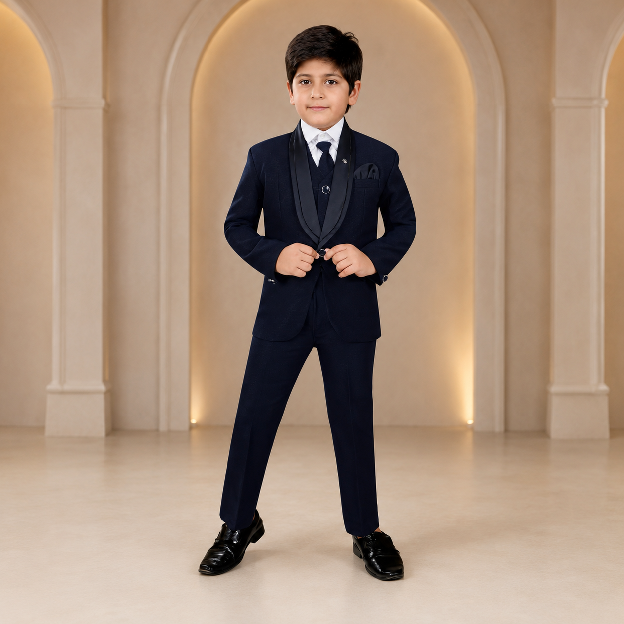 Boys navy blue five-piece formal suit – front view