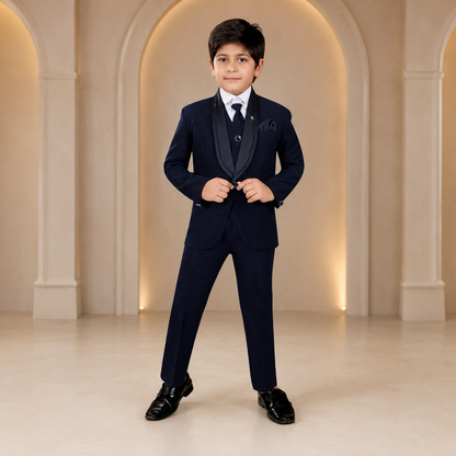 Boys navy blue five-piece formal suit – front view