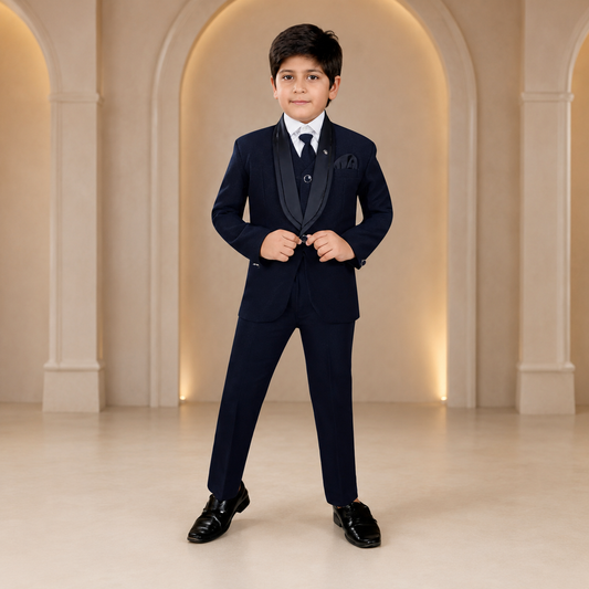 Boys navy blue five-piece formal suit – front view