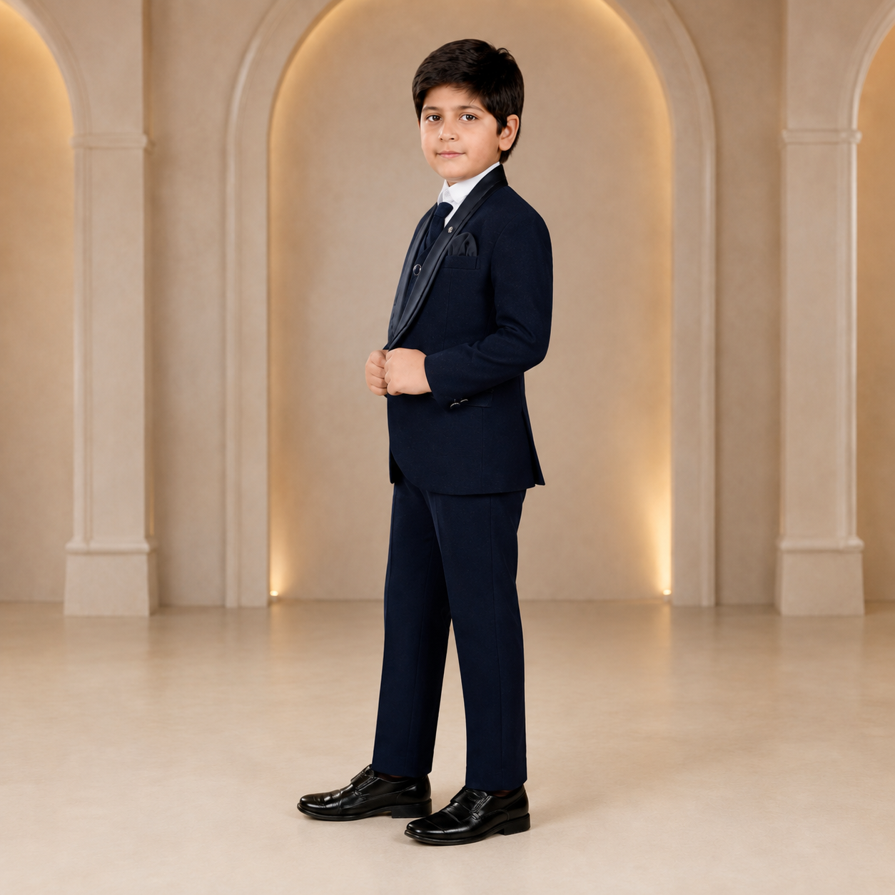 Boys navy blue five-piece formal suit – side view